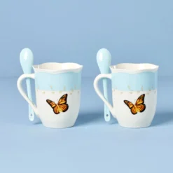 Butterfly Meadow Blue Mugs with Spoons, Set of 2