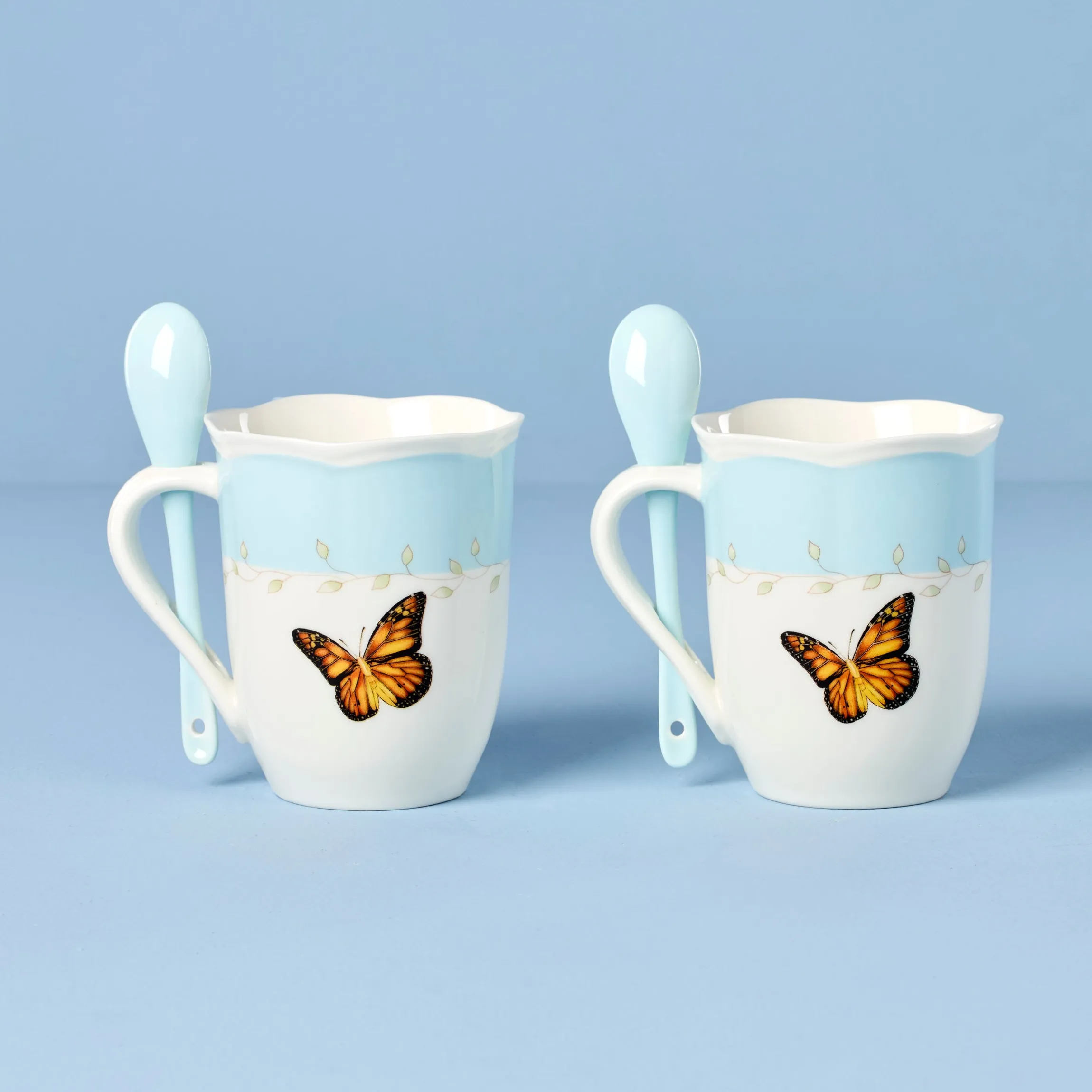 Butterfly Meadow Blue Mugs with Spoons, Set of 2