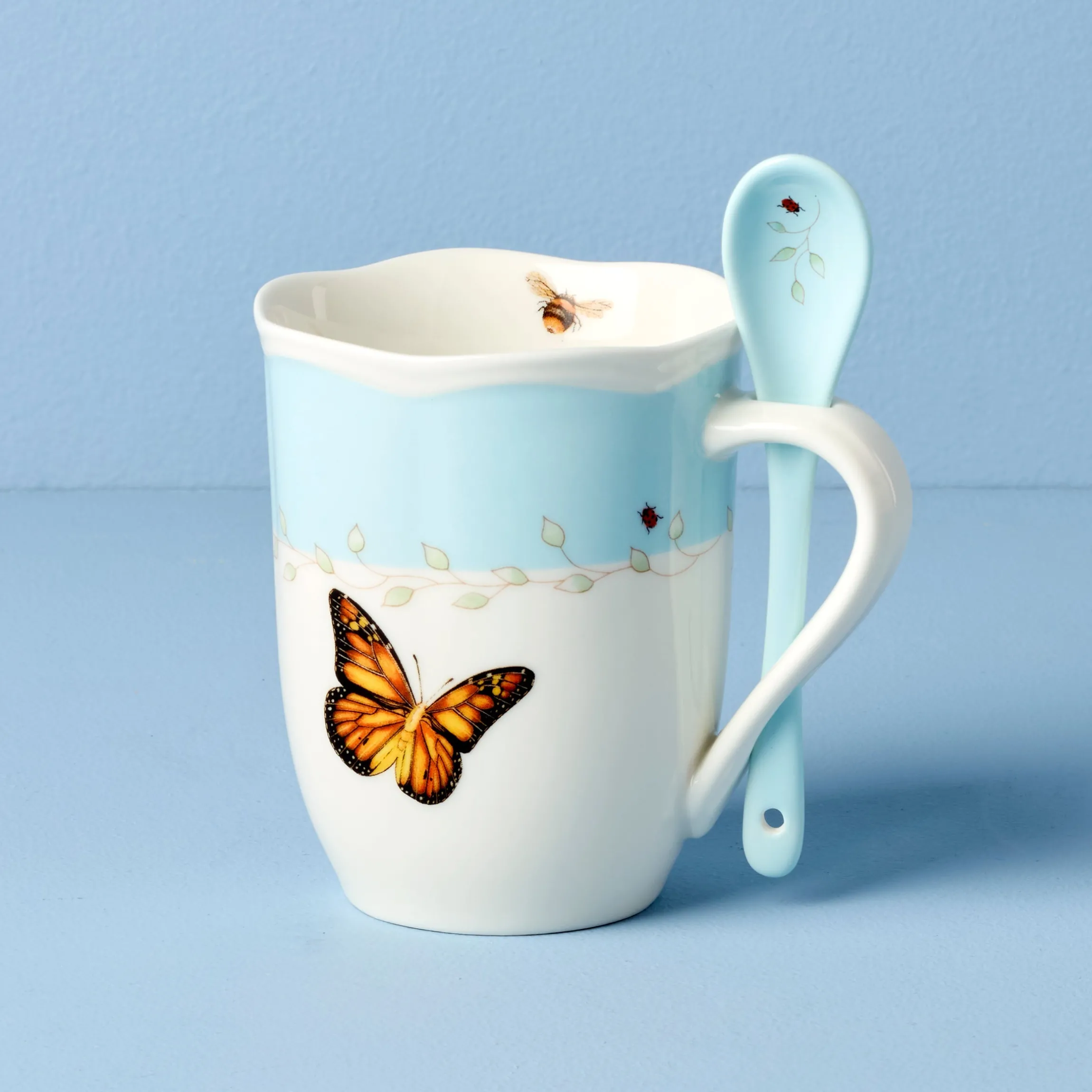 Butterfly Meadow Blue Mugs with Spoons, Set of 2