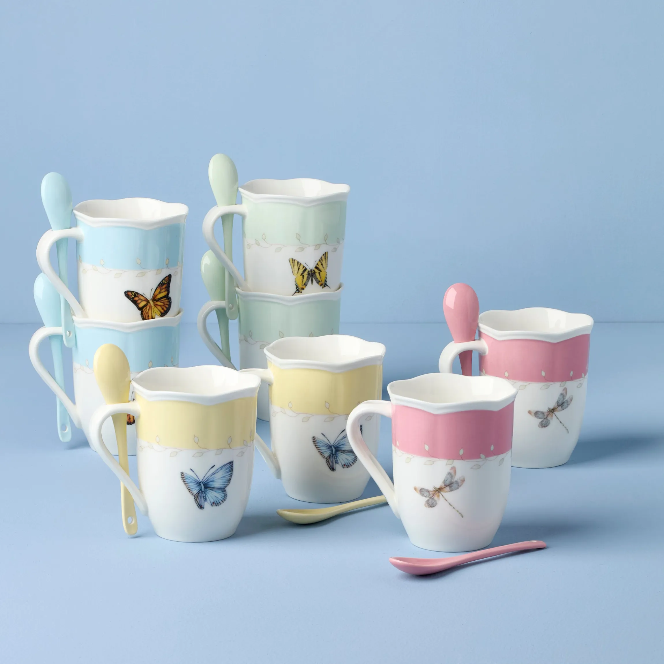 Butterfly Meadow Color Mugs with Spoons, Set of 8
