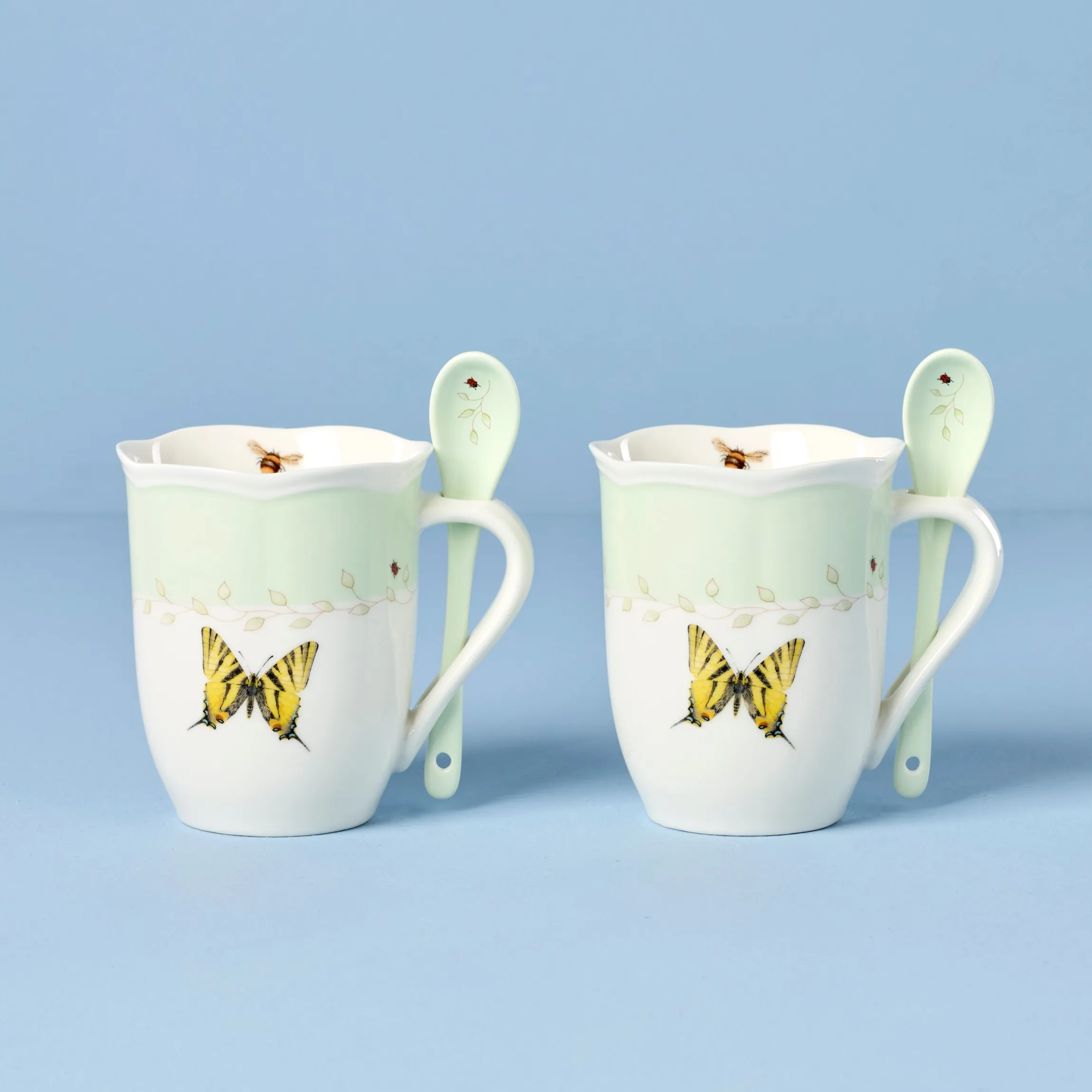 Butterfly Meadow Green Mugs with Spoons, Set of 2