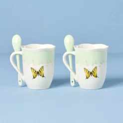 Butterfly Meadow Green Mugs with Spoons, Set of 2