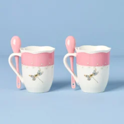 Butterfly Meadow Pink Mugs with Spoons, Set of 2