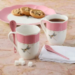 Butterfly Meadow Pink Mugs with Spoons, Set of 2