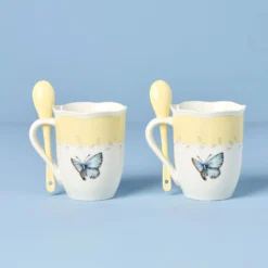 Butterfly Meadow Yellow Mugs with Spoons, Set of 2
