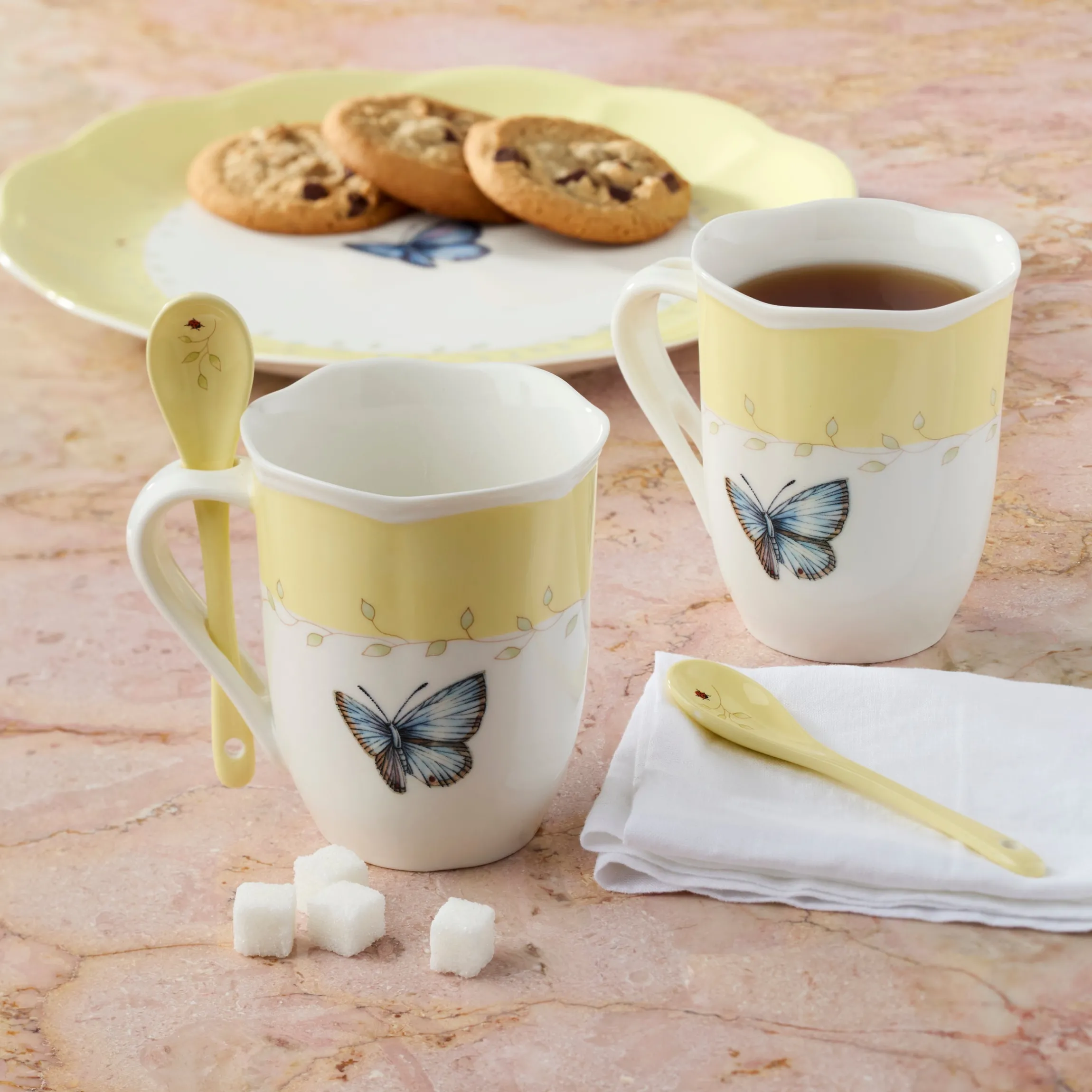 Butterfly Meadow Yellow Mugs with Spoons, Set of 2