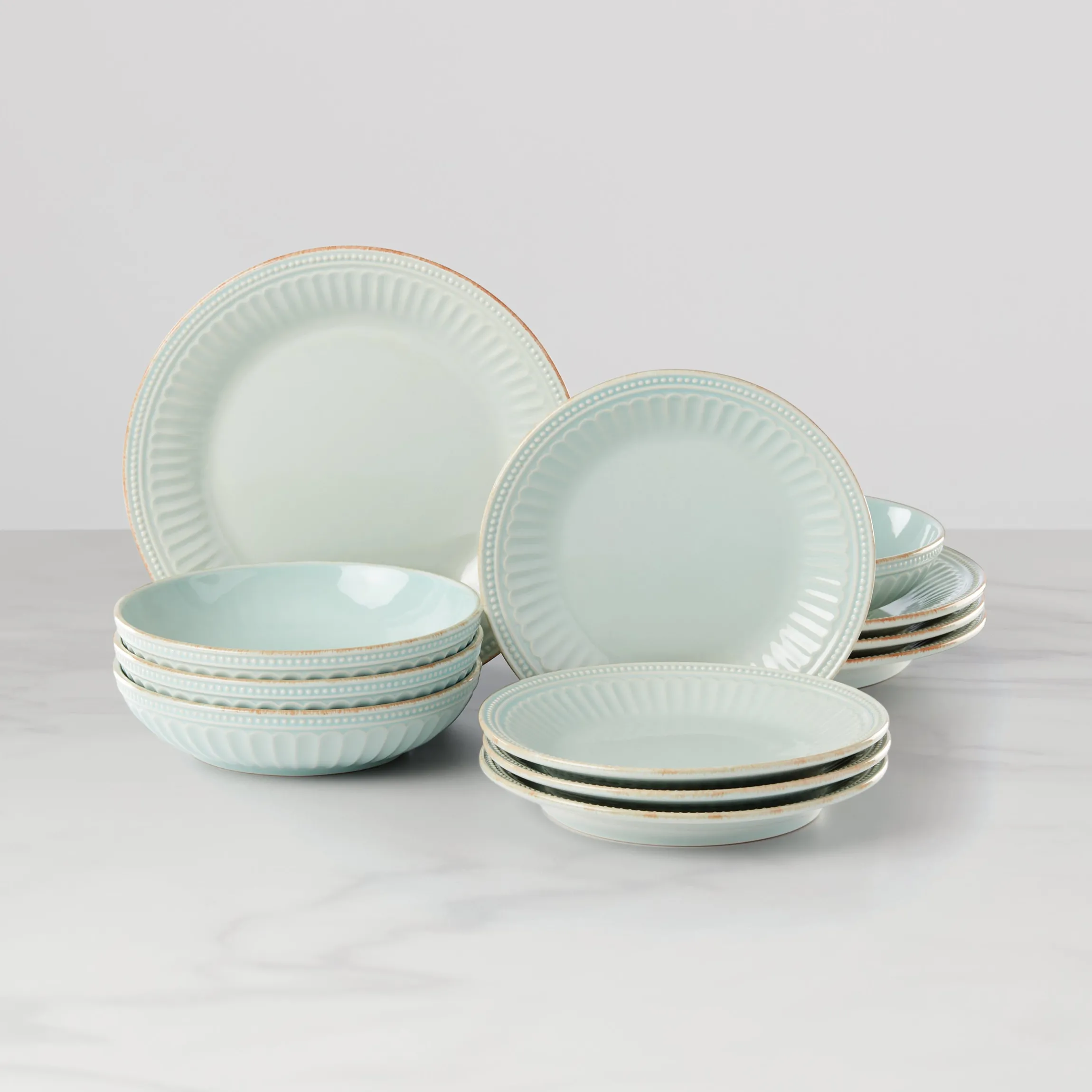 French Perle Groove Ice Blue 12-Piece Dinnerware Set