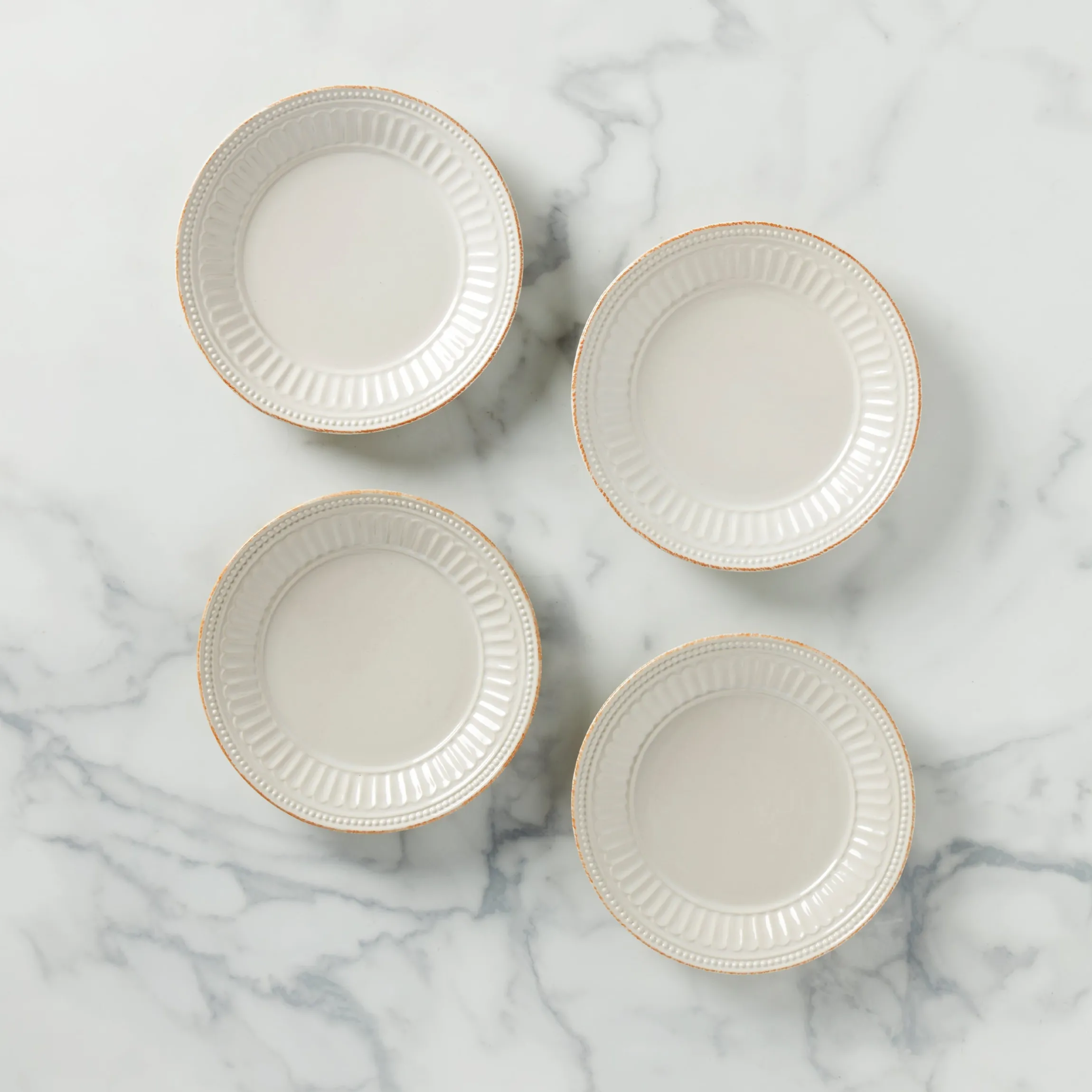 French Perle Groove White Dessert Plates, Set of 4