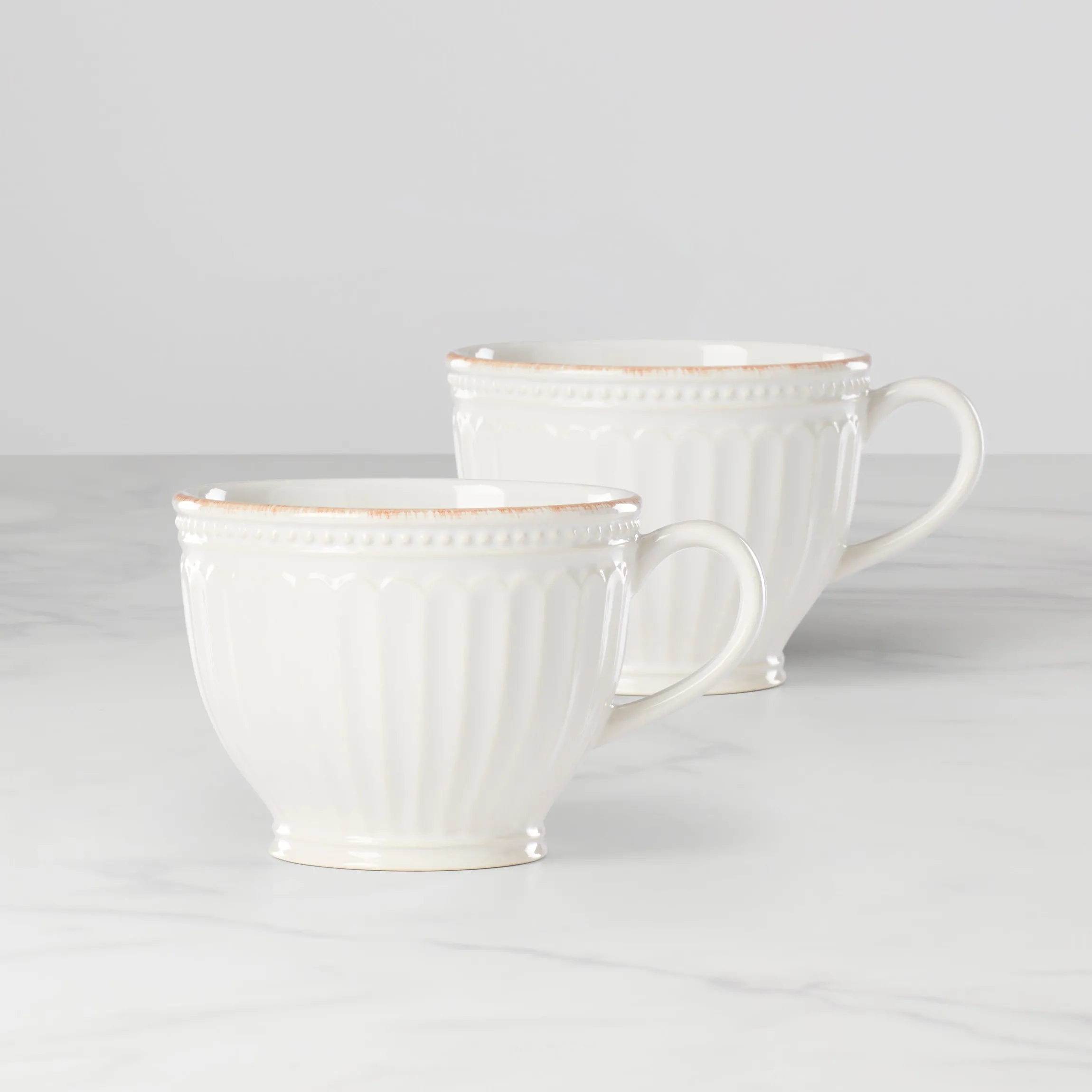 French Perle Groove White Latte Mugs, Set of 2