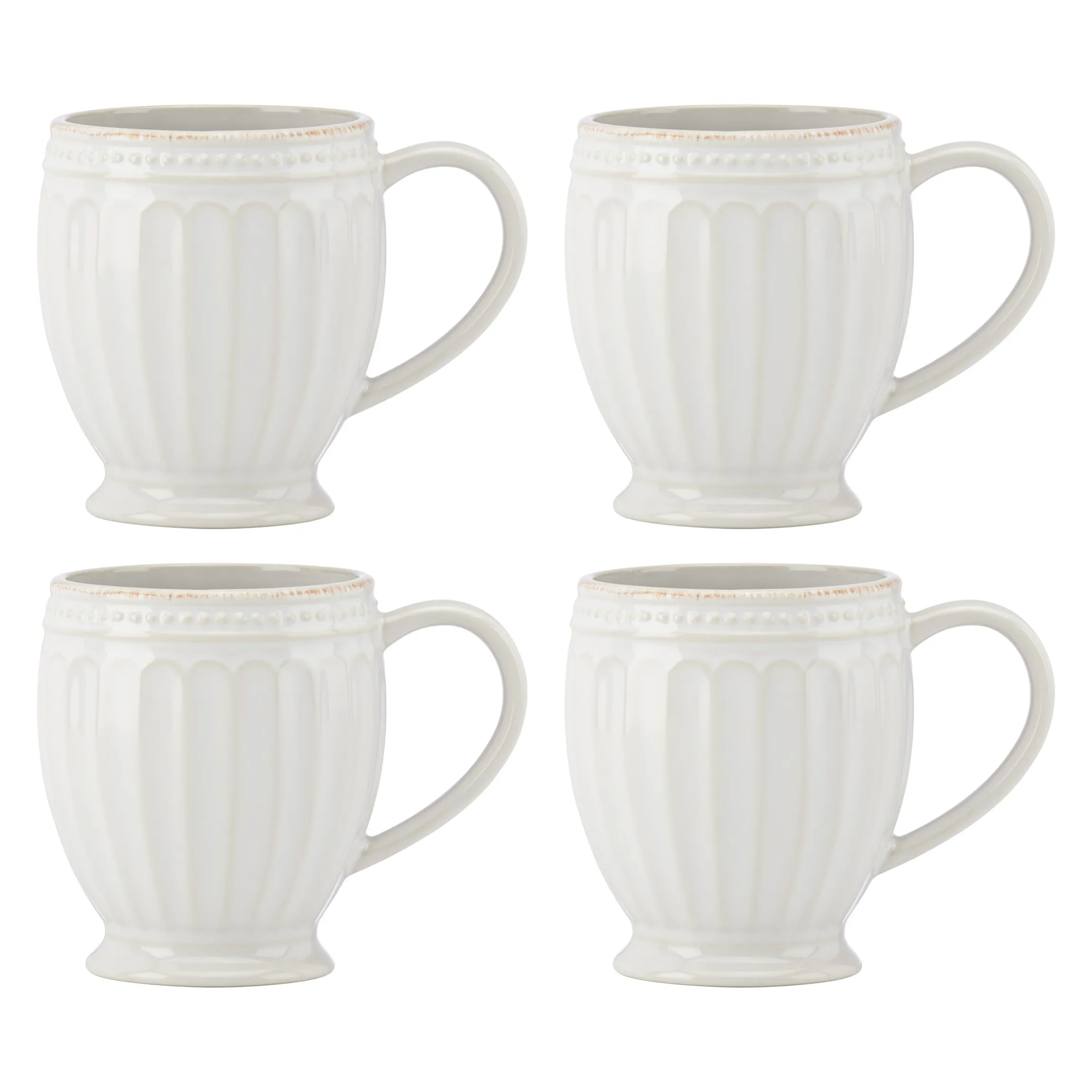 French Perle Groove White Mugs, Set of 4
