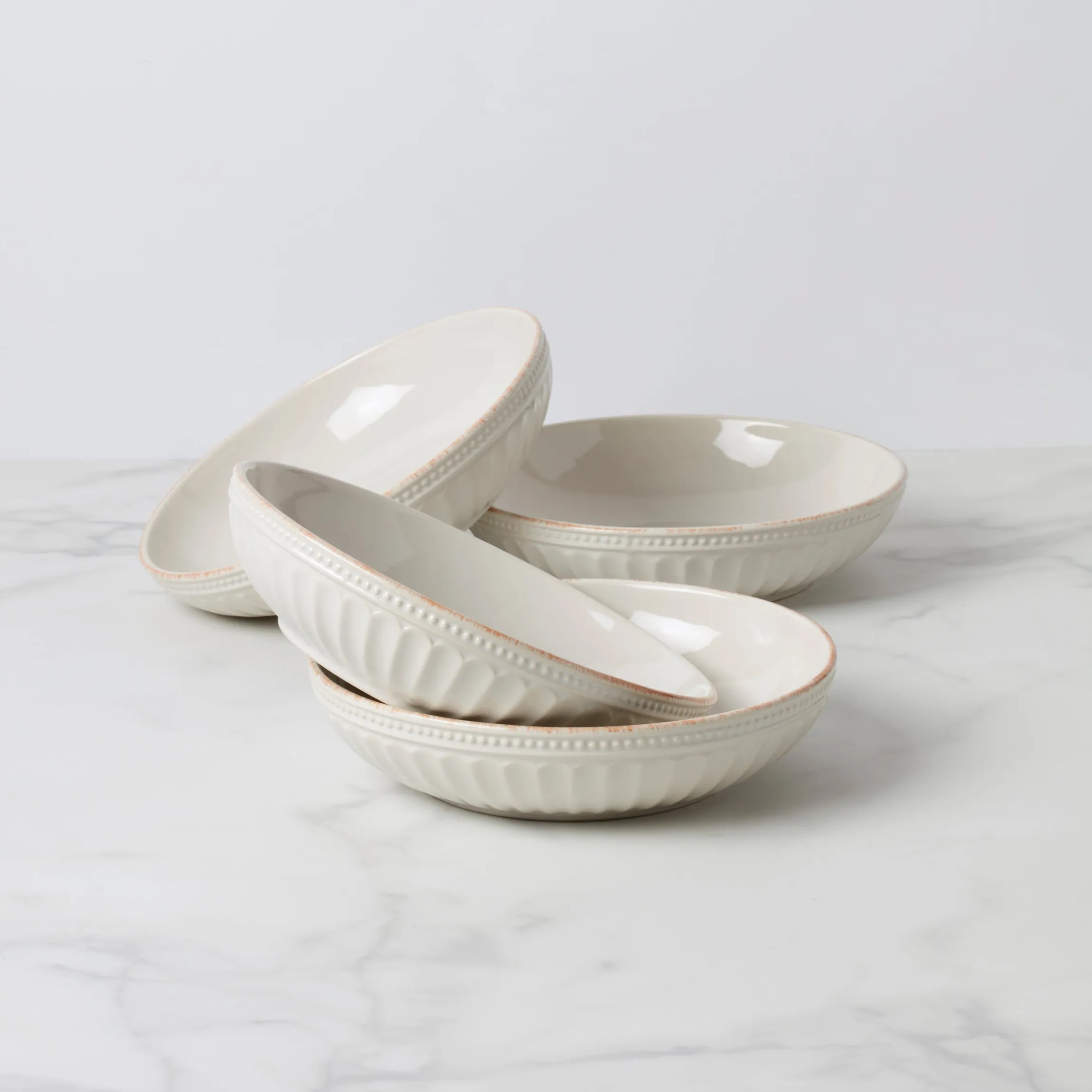 French Perle Groove White Pasta Bowls, Set of 4