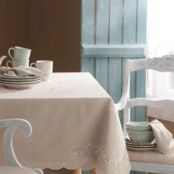 French Perle Linen Embroidered 52x70 Tablecloth