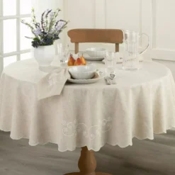French Perle Linen Embroidered 70x70 Round Tablecloth