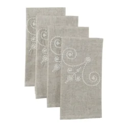 French Perle Linen Embroidered Dinner Napkins, Set of 4