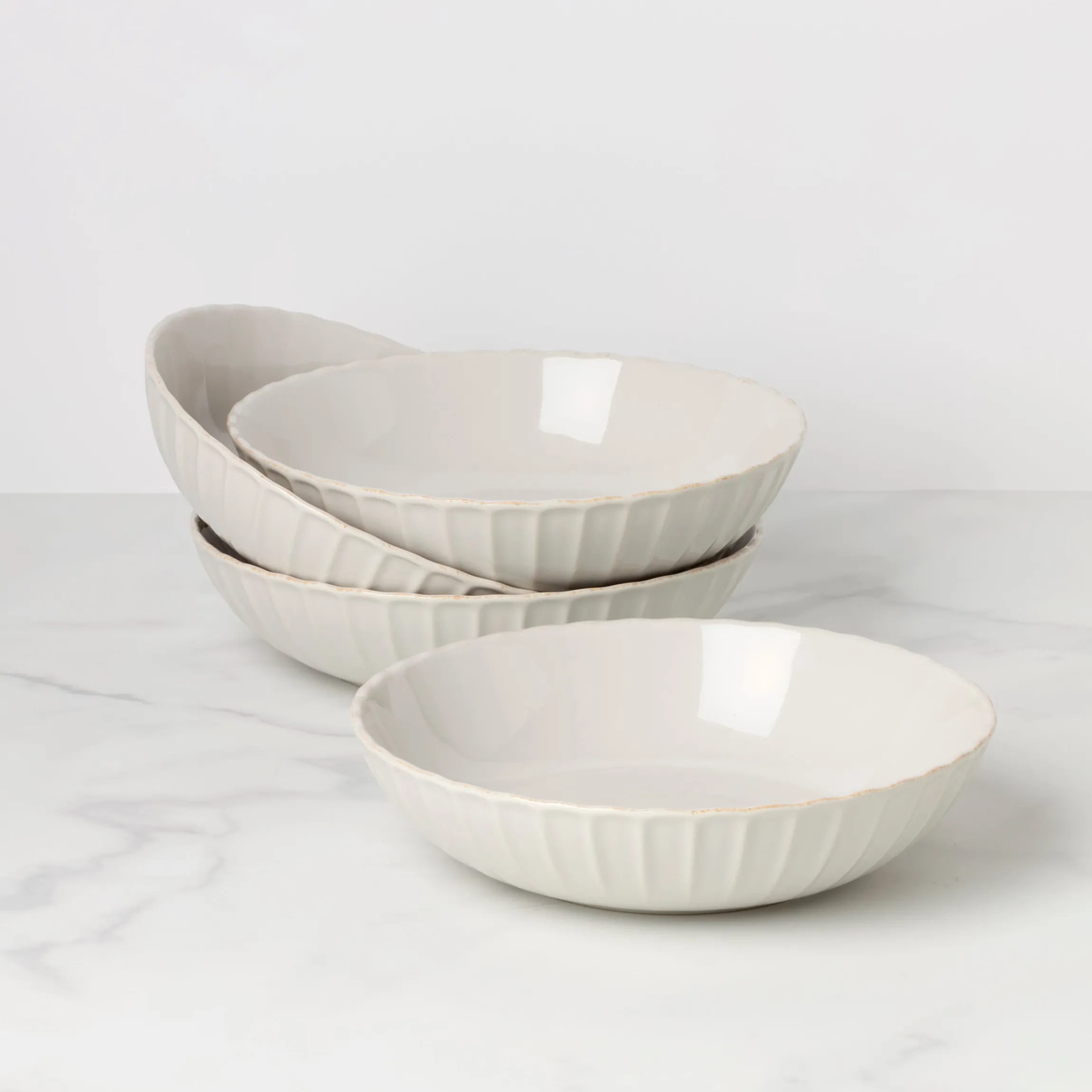 French Perle Scallop White Pasta Bowls, Set of 4