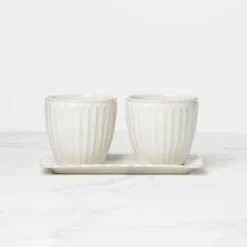 French Perle Scallop White 3-Piece Herb Pot Set