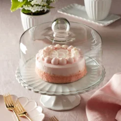French Perle White Cake Plate with Dome