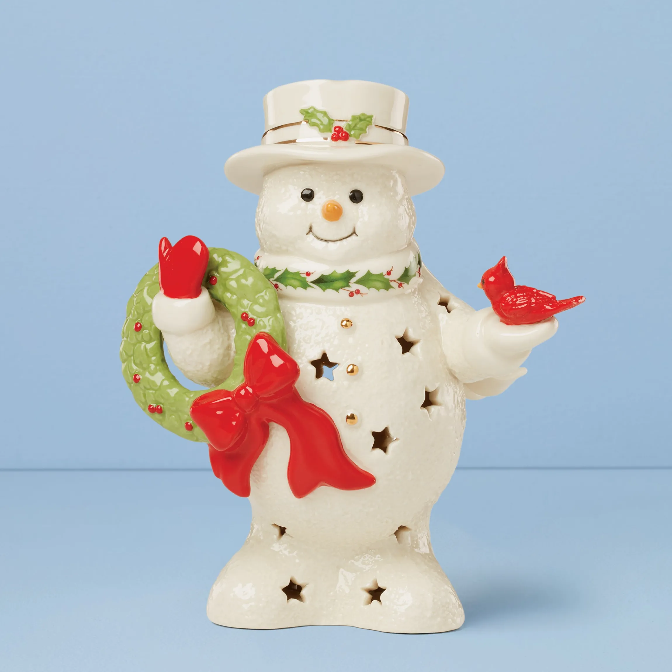Happy Holly Days Snowman Holding Wreath Figurine