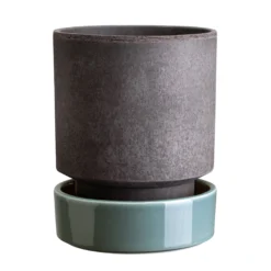 Hoff Raw Grey & Glazed Misty Blue 14cm Pot with Saucer