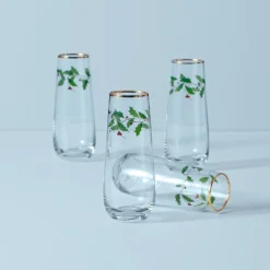 Holiday Stemless Flute Glasses, Set of 4