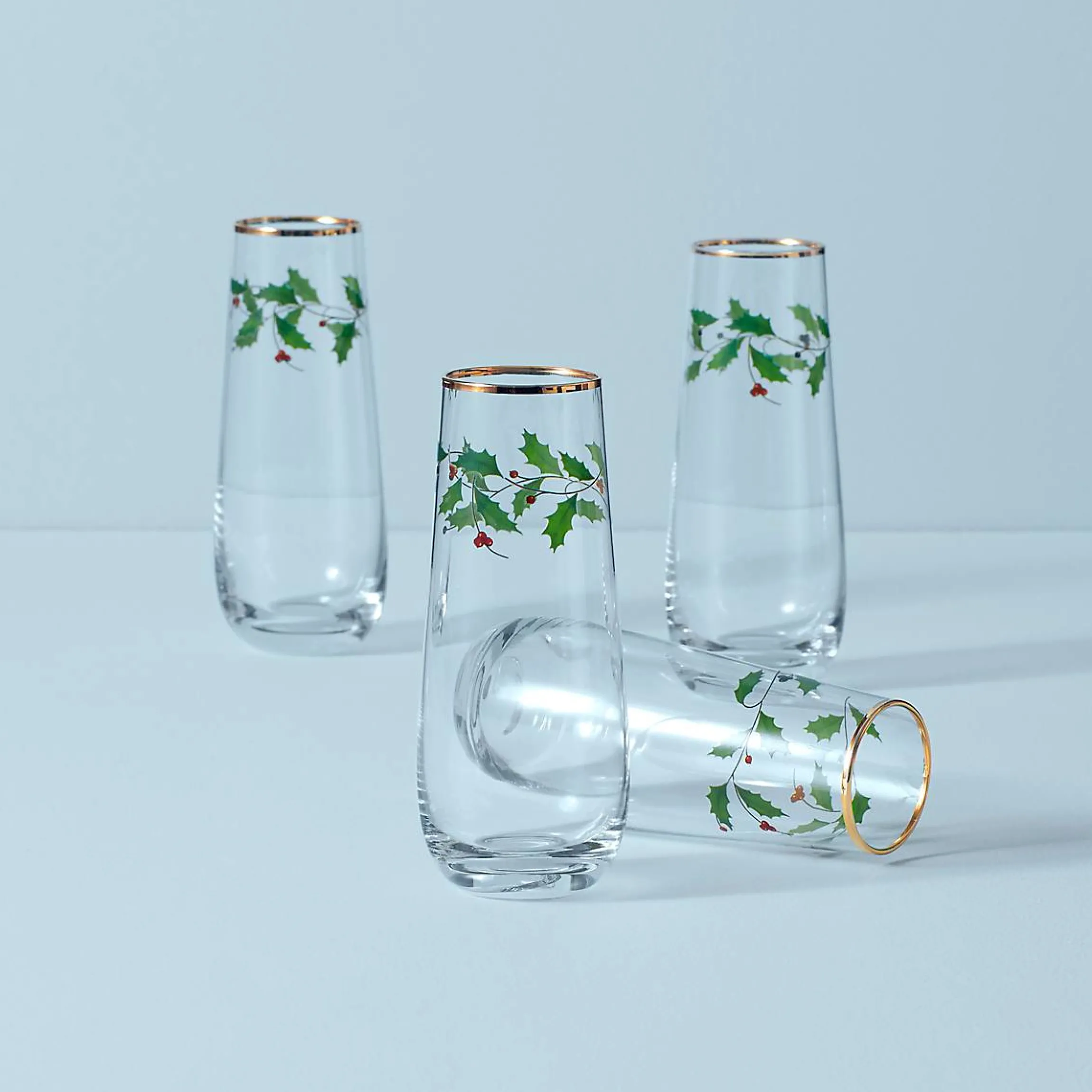 Holiday Stemless Flute Glasses, Set of 4