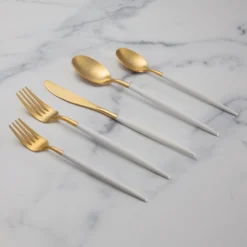 Mazzy Gold Satin White Pom Handle 20-Piece Flatware Set