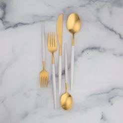 Mazzy Gold Satin White Pom Handle 20-Piece Flatware Set