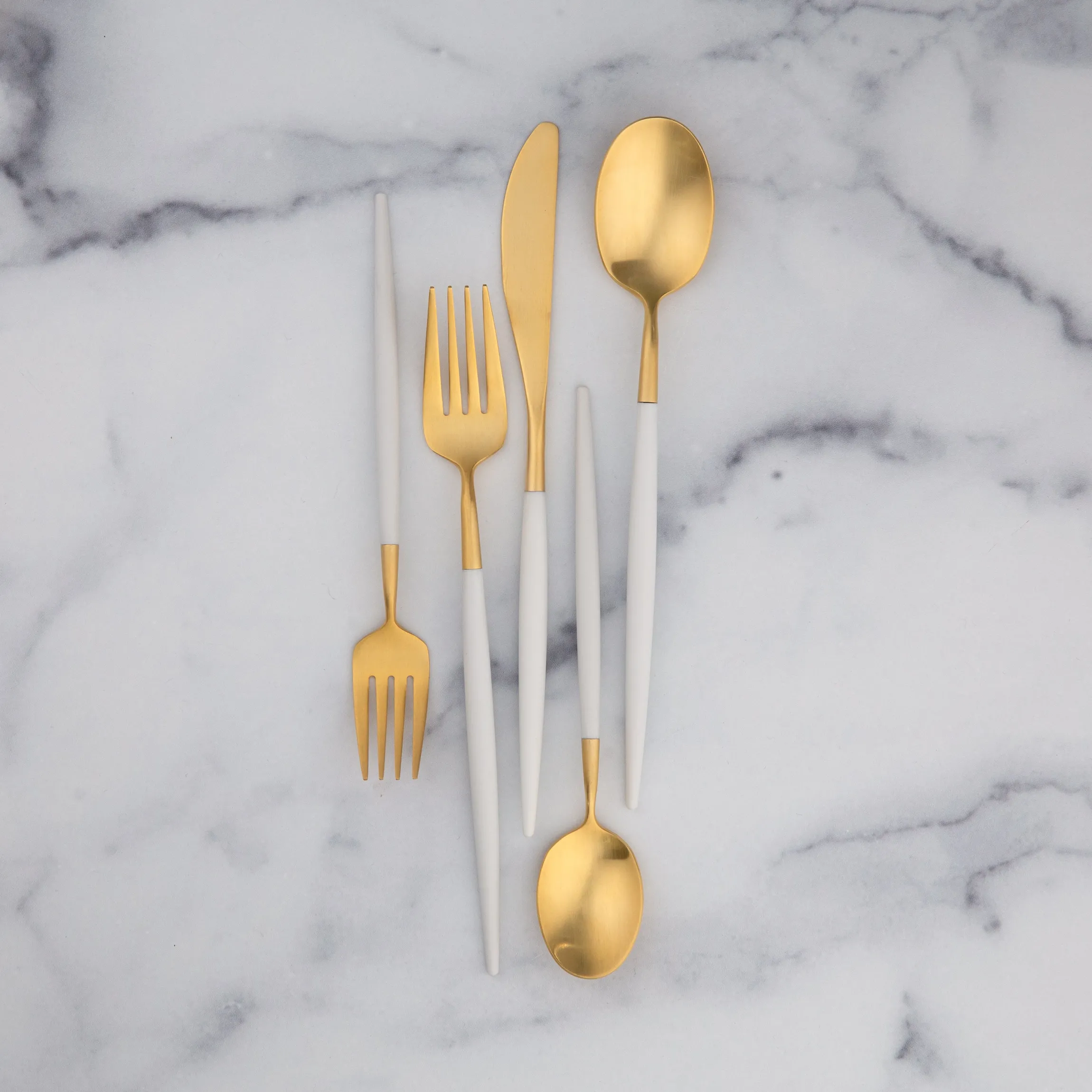 Mazzy Gold Satin White Pom Handle 20-Piece Flatware Set