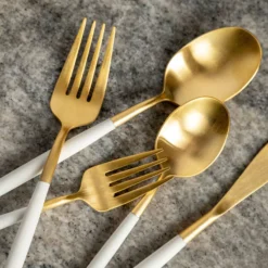 Mazzy Gold Satin White Pom Handle 20-Piece Flatware Set