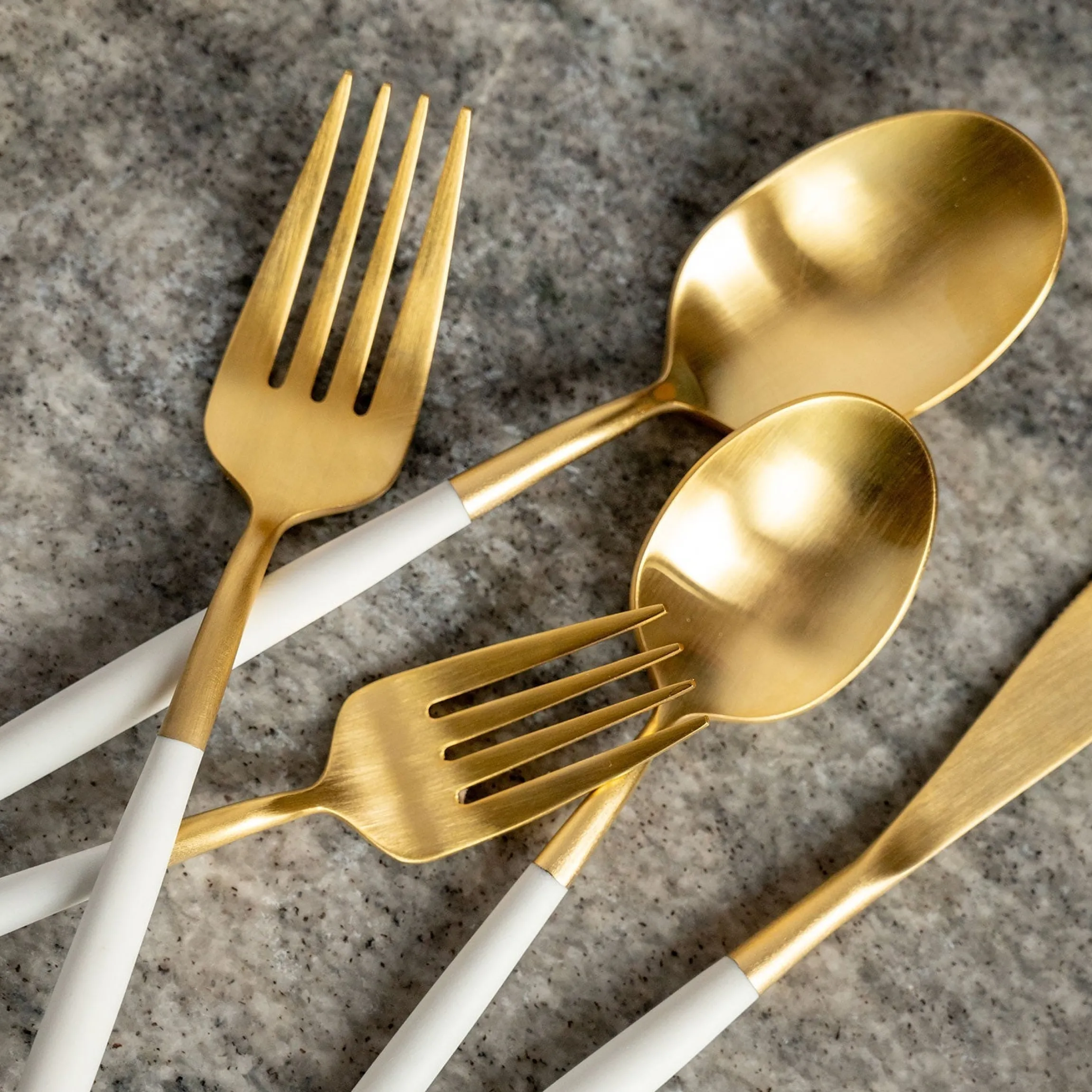 Mazzy Gold Satin White Pom Handle 20-Piece Flatware Set
