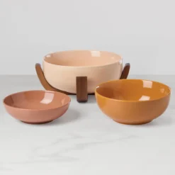 24 Seven Sunbaked 3-Piece Nesting Bowl Set with Wood Stand